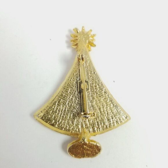 Vintage Christmas Tree Brooch, Gold Tone Star Detail Ornaments, Retro Holiday - Picture 2 of 5